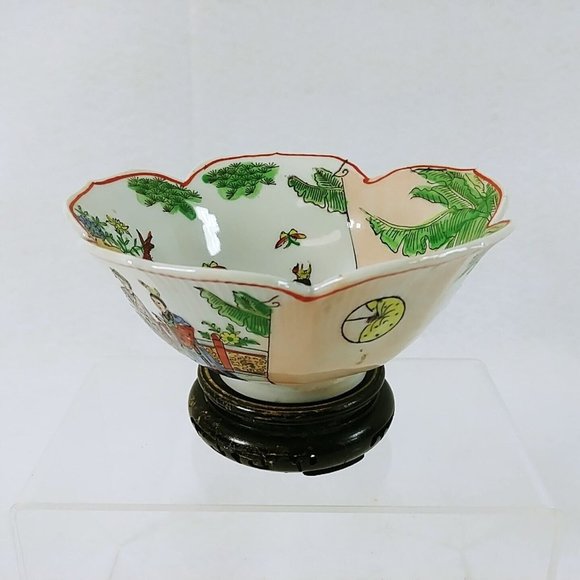 Asian Decorative Bowl Lotus Flower Shape Hand Painted Chop Marked Made in Macao - Picture 1 of 7